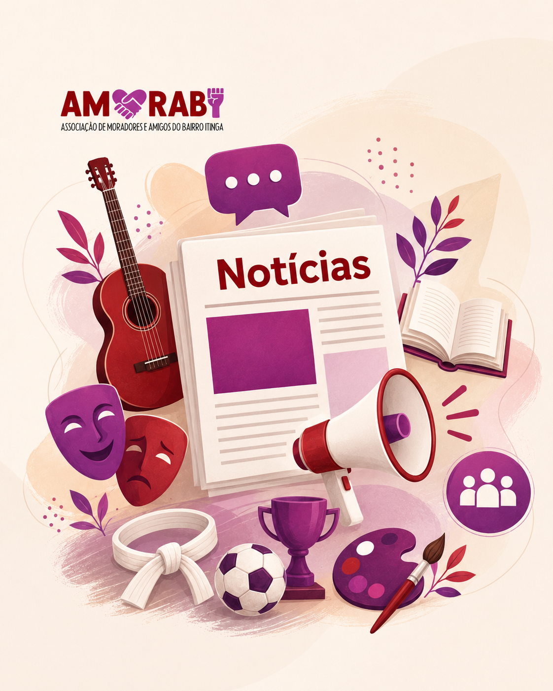 Ilustracao de noticias da AMORABI com elementos de cultura, esporte e comunicacao comunitaria